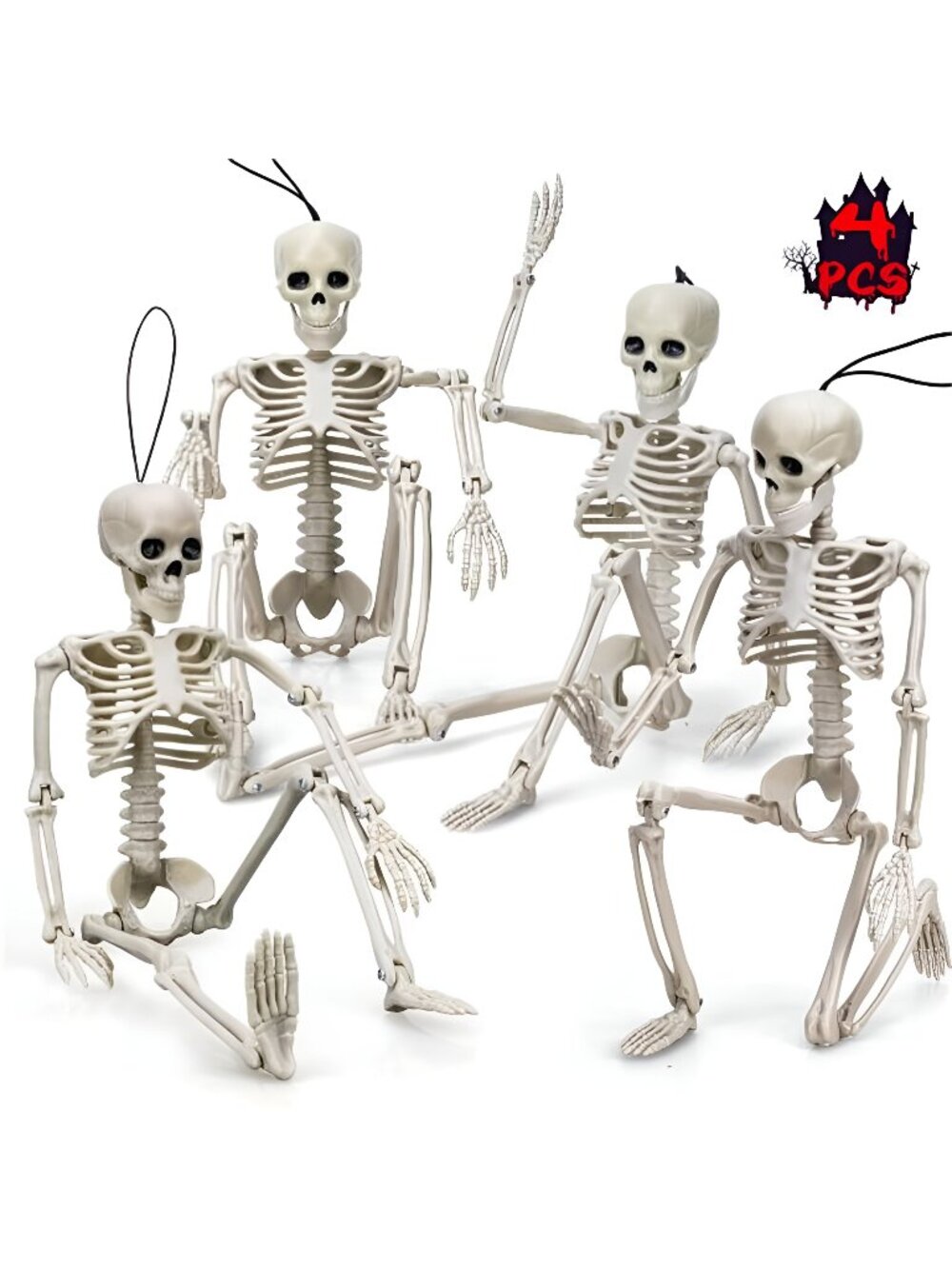 4 Pcs Halloween Skeleton 16" Posable Skeleton Decor, Full Body Posable Joints